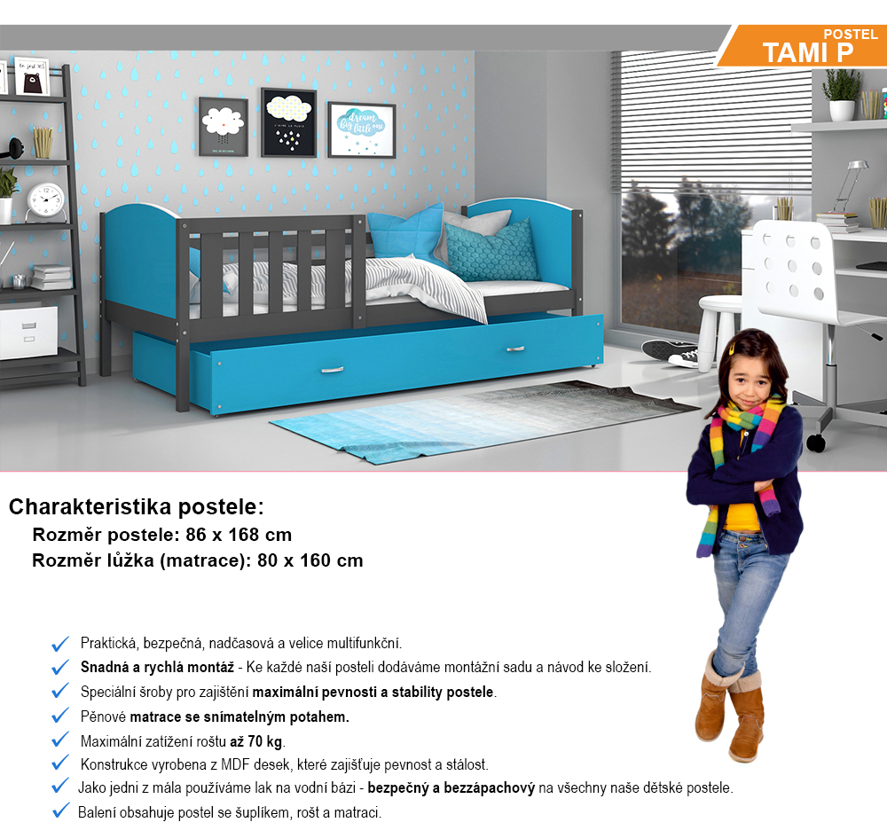 Detská posteľ TAMI P 80x160 cm so šedou konštrukciou v modrej farbe so šuplíkom